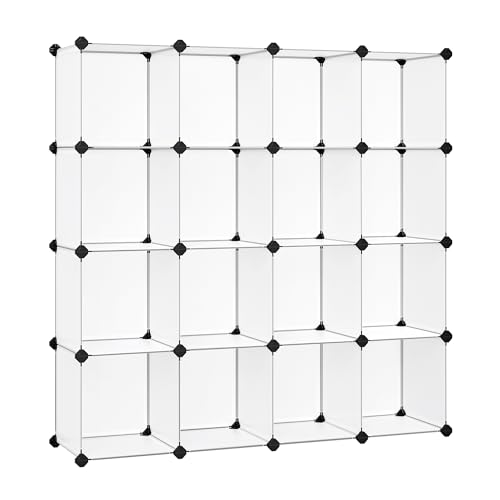 SONGMICS Cube Storage Organizer, Set of 16 Plastic Cubes, Book Shelf, Closet Organizers and Storage, Room Organization, Bedroom Living Room, 12.2 x 48.4 x 48.4 Inches, White ULPC44L - color: White, size: 16 Cubes, style: without doors