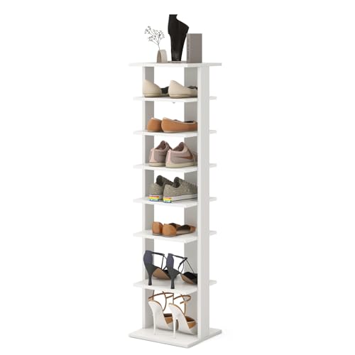COSTWAY 8-Tier Vertical Shoe Rack, Tall Narrow Shoe Storage Organizer with Removable Shelf for Boots, Anti-Tipping Kit, Space-Saving Shoe Stand with for Small Place, Entryway (White) - color: White