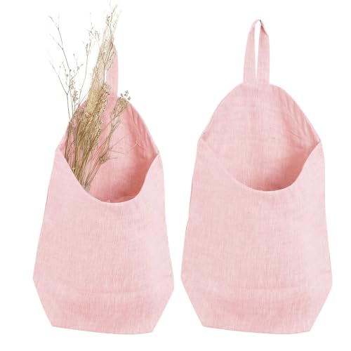 100% Linen Hanging Storage Bags Baskets 2 Pcs, Small Wall Storage Bag for Kitchen, Bedroom, RV Camper Organizer, Sewing Room, Nursery Storage, Kids Room (Pink) - color: Pink