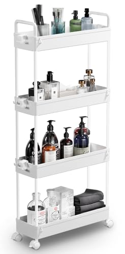 SOLEJAZZ Slim Rolling Storage Cart with Wheels 4 Tier Skinny Bathroom Storage Organizer Narrow Shelf Unit Thin Laundry Room Utility Cart for Bedside Kitchen Office Next to Fridge Small Places, White - color: White, size: 4-Tier, 4.76"D