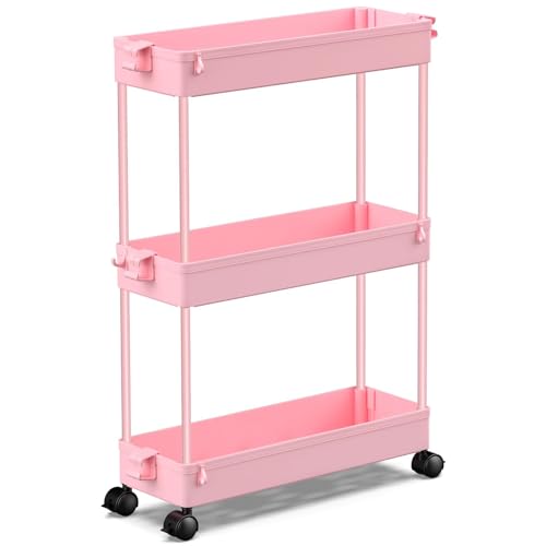 SPACEKEEPER Slim Rolling Storage Cart, 3 Tier Bathroom Organizer Utility Cart Laundry Room Organization Mobile Shelving Unit for Kitchen, Bathroom, Office, Bedroom, Narrow Places, Pink - color: Pink