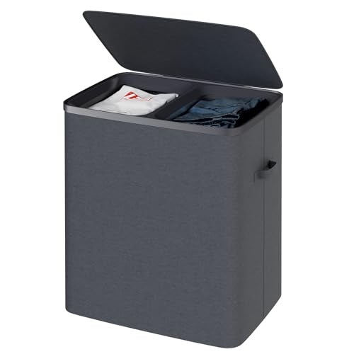 Dual Section 90 liter/23.8 gallon Laundry Hamper Separation Basket with lid, 2 Removable Washing Bags with Handles,Large Laundry Sorter for Easy Clothes Separation - Dark Gray - size: 2 Section,Dark Gray