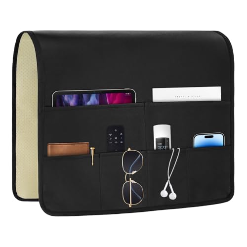 PU Leather Couch Organizer Caddy Sofa Armrest Organizer, Remote Control Holder for Recliner, Waterproof Armchair Caddy with 6 Pockets Storage for Magazine, Tablet, Phone, Remote (Black)