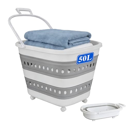 50L Collapsible Plastic Laundry Basket Hamper with Wheels, Foldable Laundry Basket with Handles, Pop Up Storage Container Organizer for Washing Storage - style: 50L Wheel