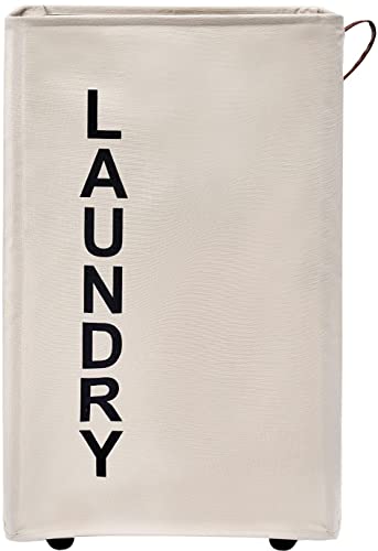 92L Large Laundry Hamper with Leather Handle,Standable Laundry Basket with Wheels ,Large Hamper,Rolling Laundry Basket White - color: Beige/XXL, size: Super Large 27.5"