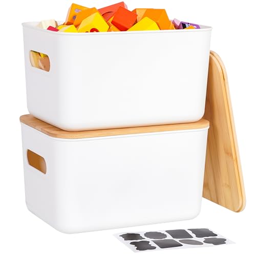 Citylife Storage Bins with Bamboo Lids 6QT Plastic Storage Containers Stackable Organizer Boxes with Handle for Desk Snacks, Toys, 2 PCS, 10"L x 7"W x 6.18"H - size: Small, style: 2 Pack
