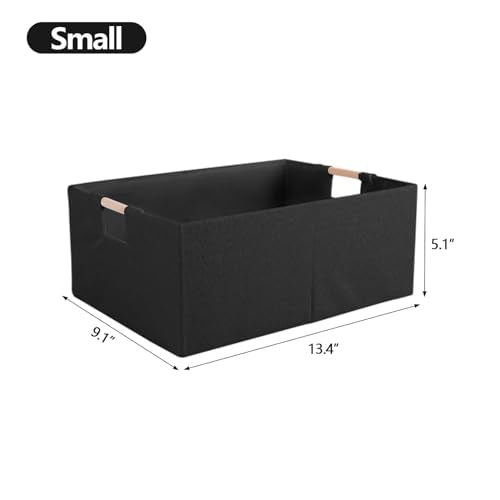Fabric Storage Bin Box Foldable Cotton Linen Storage Basket with Wooden Handles Rectangular Cube Decorative Home Laundry Organizer Clothes Blanket Container – Black, Large - color: Black, size: Large