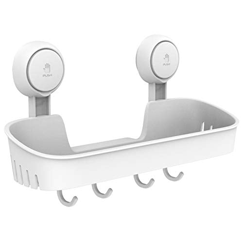 TAILI Shower Caddy with 4 Hooks Suction Cup Shower Shelf Hanging Bathroom Rack Removable & Reusable No Drilling Plastic Wall Mounted Bath Shelves Storage White - style: Modern