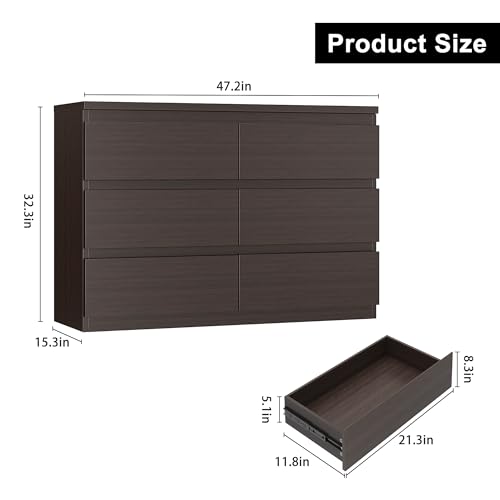 Jocoevol Modern 6 Drawer Dresser - Simply Chest of Drawers for Bedroom, Closet, Living Room, Hallway, Entryway, Wood Storage Double Dresser with Smooth Metal Rails - Retro Brown - color: Retro Brown