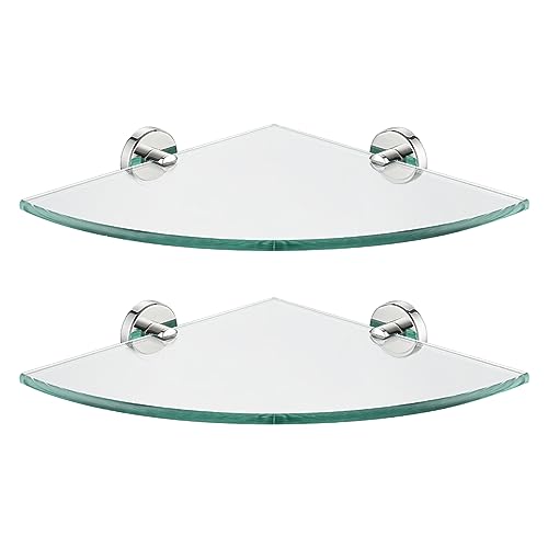 JQK Corner Glass Shelf, Polished Chrome Bathroom 304 Stainless Steel Shower Triangle Floating Wall Shelf, 10 x 10 Tempered Glass, 2 Pack, TGS190L10-CH-P2 - color: Chrome, size: 2 Pack