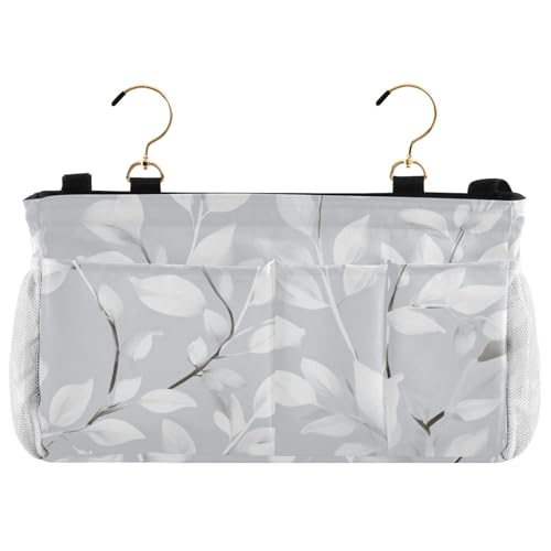 Bedside Caddy Metal Frame Hanging Organizer Bunk Bed Dorm Accessories Hook And Loop Storage Bag Large Pockets Light Grey Leaves - color: Light Grey Leaves
