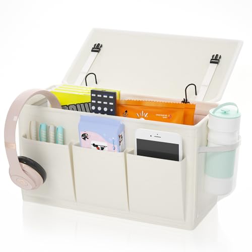 Edudif Dual-Purpose Bedside Caddy Organizer with 6 Pockets, Versatile Bedside Storage Solution Magazine Remotes Holder, Ideal for Home, Dorm, Hospital, Crib Bed (White) - color: White