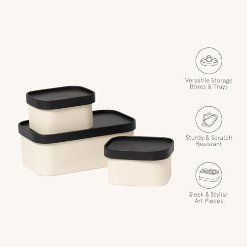 LA JOLIE MUSE Fluted Cardboard Storage Baskets with Leather-Like Lids, Sturdy Stackable Paper Boxes Decorative Tray, Black & Beige, Set of 3 - color: Beige & Black