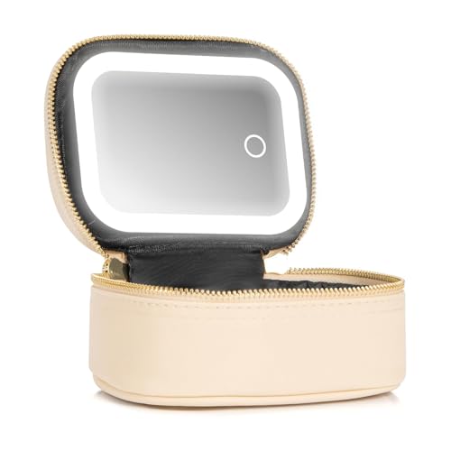 Mini Makeup Bag with Led Mirror,Small Travel Make up Bag 3 Light Modes Adjustable Brightness, for Women Organizer Cosmetic Bag, Portable Travel Train Toiletry Bag, for Pool Parties Work Touch-Ups - color: Beige