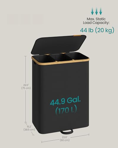 SONGMICS Laundry Hamper, Laundry Sorter with Lid, Storage Basket Bin, Removable Liners, Bamboo Frame, for Bedroom, 3 Sections, 44.9 Gal. (170 L), Ink Black ULCB533BH01 - color: Ink Black, size: 170 L (3-Section)