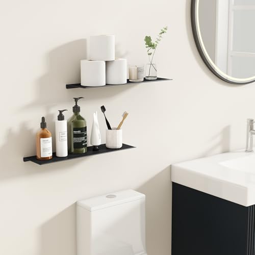 MKO 16" Floating Shelves for Wall, Long Metal Wall Mounted Shelf for Bathroom, Bedroom, Living Room, Kitchen, Display Hanging Shelves for Books/Storage/Room Decor 2 Packs, Black - color: Black, size: 16 IN