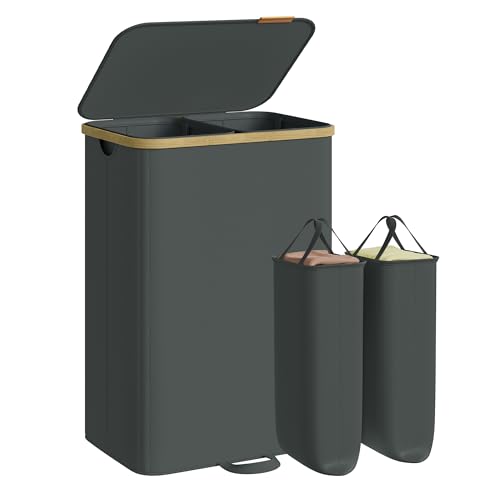 SONGMICS Laundry Hamper, Laundry Sorter with Lid, Storage Basket Bin, Removable Liners, Bamboo Frame, for Bedroom, 2 Sections, 39.6 Gal. (150 L), Slate Gray ULCB532GN01 - color: Slate Gray, size: 150 L (2-Section)