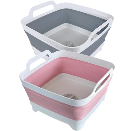 GIMWA Collapsible Wash Basin with Drain Plug - 2.4 Gallon Foldable Kitchen Sink for Baby Bottles, RV Camping, Space-Saving Dish Tub (Gray-Pink) - color: Gray-pink