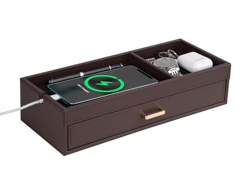 HofferRuffer Valet Jewelry Tray Organizer with Drawer, Faux Leather Storage Catchall Box Phone Charging Station Tray with Dresser Nightstand Desktop Drawer Organizer (Dark Brown) - color: Dark Brown