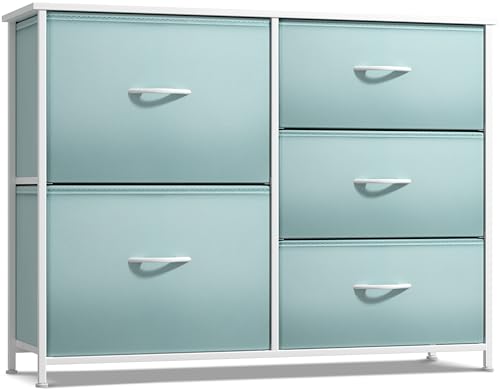 Sorbus Kids Dresser with 5 Drawers - Storage Chest Organizer Unit with Steel Frame, Wood Top & Handles, Tie-dye Fabric Bins for Clothes - Wide Furniture for Bedroom Hallway Kids Room Nursery & Closet - color: Aqua, style: 5-Drawer