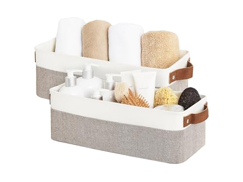 StorageWorks Narrow Storage Bins, Small Baskets for Organizing, Long Storage Basket with Handles, Fabric Storage Bins for Shelf, Brown and White, 2-Pack - color: Brown and White, size: 15"L x 6"W x 5"H