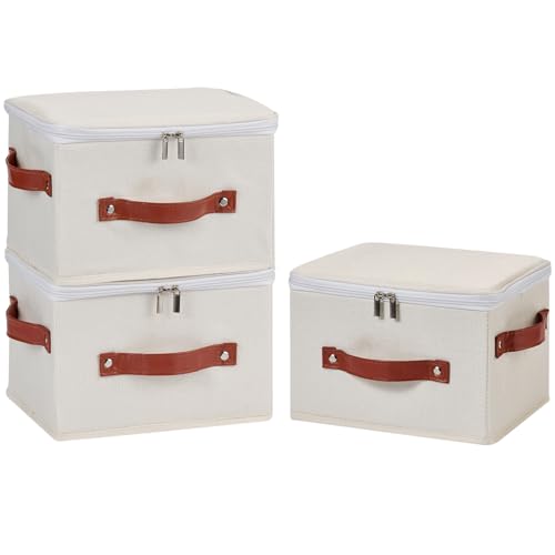 3PCS Storage Bins Boxes with Zippered Lids Cotton Linen Fabric Decorative Basket PU Leather Handles PP Plastic Board Foldable Lidded Clothing Shelf Closet Organizer Container (Beige, Small) - color: Beige, size: Small ( Pack of 3 )