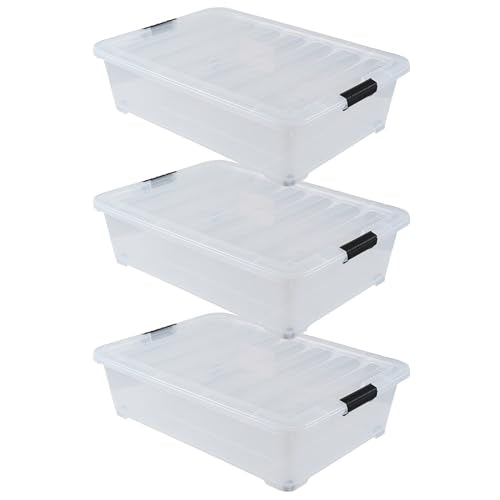 50 Quart Wheeled Latching Storage Box, Stackable Bin with Latch Lid, Plastic Container to Organize Shoes Underbed (3 Pack) - size: 50 Quart