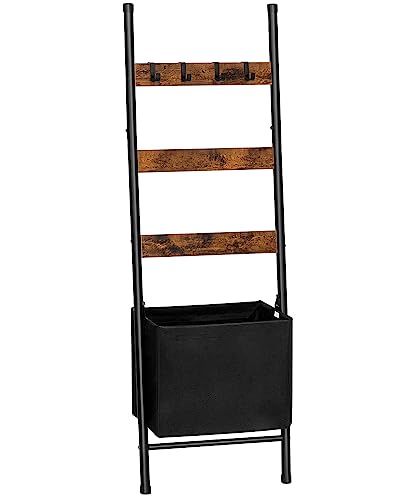HOOBRO Blanket Ladder with Basket, 17.3”L x 63.4”H, Towel Rack with Hooks, Blanket Holder Rack, Decorative Ladder Shelf, Drying and Display Rack for Bathroom, Living Room, Rustic Brown BF31CJ01 - color: Rustic Brown