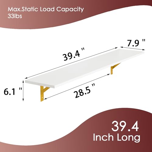 DINZI LVJ Long Wall Shelves, Set of 4, 39.4Inch Wall Mounted Shelves, Floating Shelves for Wall Storage with Metal Brackets, for Living Room, Bathroom, Bedroom, Kitchen, White and Gold - color: White+gold, size: 39.4 Inch (4 Pack)