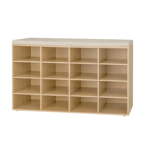 DINZI LVJ Shoe Storage Bench with Cushion, 16-Cubby Shoe Rack, Adjustable Shelves, 40.9" Long Shoe Organizer Bench for Entryway, Mudroom, Hallway, Garage, Natural and Cappuccino Beige - color: Natural, size: 16 Cubby