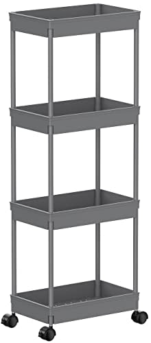 Sooyee 4 Tier Wide Storage Cart Mobile Shelving Unit Organizer Slide Out Storage Rolling Utility Cart Tower Rack for Kitchen Bathroom Laundry, Plastic & Stainless Steel,Grey - color: Gray, size: Wide