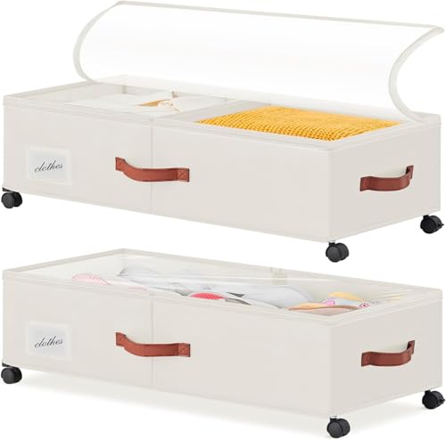 Under Bed Storage Containers with Wheels 9.5 inches Higher Under Bed Storage XXXL Underbed Shoes Blankets Clothes Storage Organizer 2 Pack Under the Bed Storage for College Dorms Bedroom Nursery Rooms - color: Beige