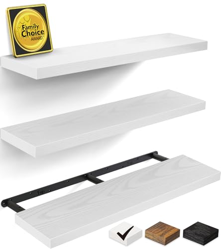 BAYKA White Floating Shelves for Wall, Set of 3, 36 Inches Long Wall Mounted Rustic Wood Shelves for Bathroom, Bedroom, Living Room or Kitchen, Hanging Shelf for Book/Storage/Decor, 30lbs Capacity - color: C. White - Modern Minimalist Style, size: 36inche