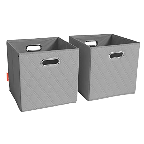 FH Group JIAessentials 11" Faux Leather Foldable Storage Cube Bins Set of 2 – Gray Diamond Patterned Organizers with Handles for Closet & Shelves - color: Gray, size: Small