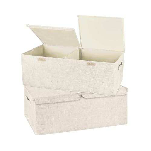 2 Pack Large Storage Boxes with Lids and Handles, Collapsible Linen Storage Bins Organizer Containers Baskets Cube with Removable Divider for Home Bedroom Closet Office (Cream, Small) - color: Cream, size: Small