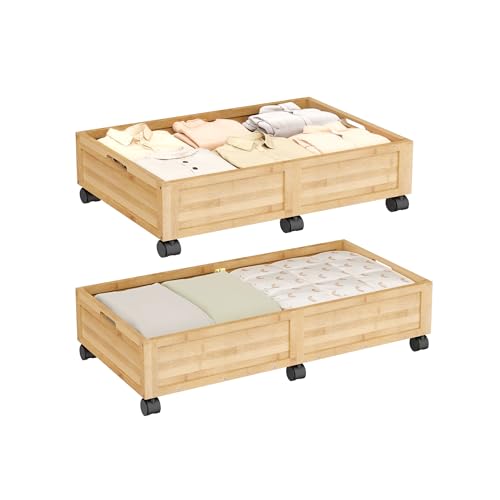 WISUCART Wood Under Bed Storage Containers Underbed Organizer with Wheels Sturdy Wood Rolling Under Bed Shoe Storage Organizer 2 Packs (Nature, Large) - color: Nature