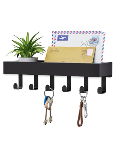 Key Holder Wall Mount with Shelf, Magnetic or Adhesive Key Hooks for Wall, Wooden Key Rack with Mail Organizer for Entryway, RV, Living Room Wall Key Holder for Wallet & Mail, Black - color: Black, size: Medium