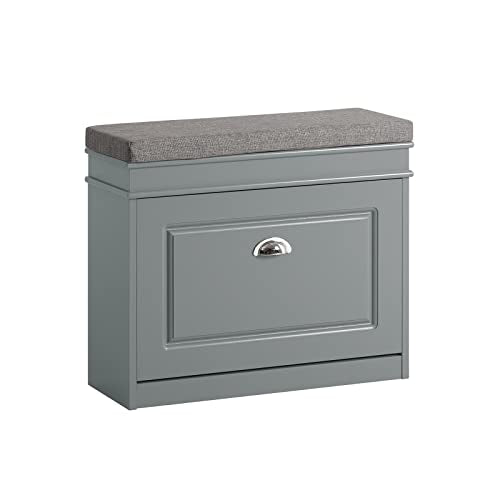 Haotian Grey Hallway Shoe Bench, Narrow Shoe Rack with Adjustable Shelf, Small Shoe Cabinet with 1 Flip-Drawer and Seat Cushion, FSR82-K-HG