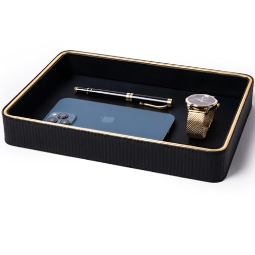 Leather Catchall Valet Tray for Men| Mens Valet Catch All Trays| Bedside Organizer for Nightstand| Cologne Tray for Men| Desk Trays Leather Tray Organizer (Black) - color: Black 1 Pack, size: 8" x 11" x 1.8"