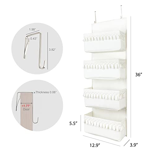 Dahey Over The Door Organizer Boho Nursery Storage Decor Closet Hanging Organizer with Tassels Decoration for Bedroom Nursery Bathroom Apartments Dorm Pantry, 4 Pockets, White - color: White, size: Medium