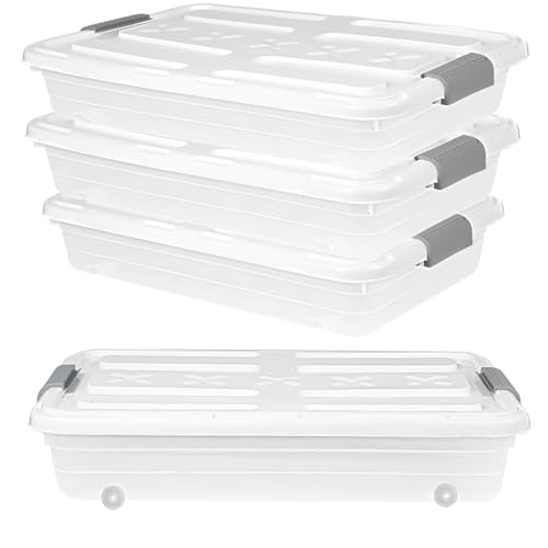 4 PCS*37 Qt Wheeled Latching Under Bed Storage, Stackable Bin with Latch Lid, Plastic Container to Organize Shoes Underbed, Clear with White Lid(White) - size: 49Quart*4PC