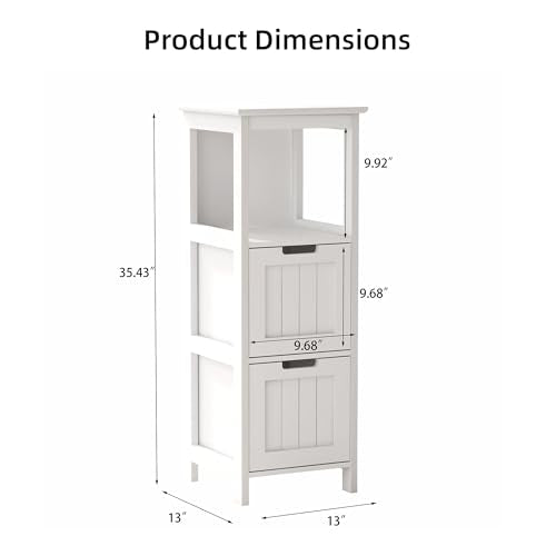 Casaphoria 2-Drawer Bathroom Floor Cabinet, Wooden Storage Organizer with Side Rack, Freestanding Stand Table for Bathroom, Hallway, White - size: 13"L×13"W×35.43"H