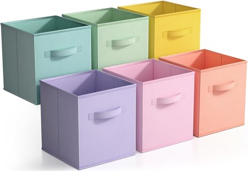 Sorbus 11 Inch Fabric Storage Cubes - Sturdy Collapsible Bins With Handle - 6 Foldable Baskets for Organizing Clothes, Toys, Books - Multi Colored Storage Baskets for Shelves, Kids Room, Closets - color: Pastel Multi-Color, size: 11 Inch