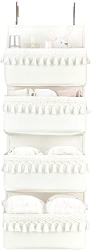 Dahey Over The Door Organizer Boho Nursery Storage Decor Closet Hanging Organizer with Tassels Decoration for Bedroom Nursery Bathroom Apartments Dorm Pantry, 4 Pockets, White - color: White, size: Medium