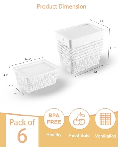 Plastic Storage Baskets with Lids [6-Pack] – Stackable Organizing Bins with Secure Snap-On Lids for Pantry, Bathroom & Closet | 11"x7"x5" Bins Hold 25lbs, Dustproof & Water-Resistant, White - color: White