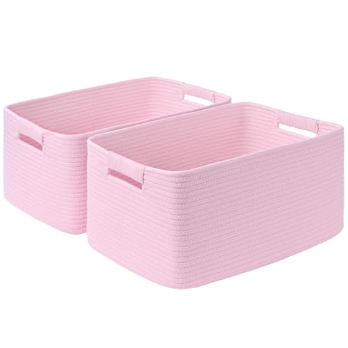 2 Pack Large Storage Basket for Organizing, 17.5"x13"x7" Woven Basket for Shelves, Closet Cube Storage Bins with Wrapped Handle, Cotton Rope Baskets for Kitchen, Clothes, Toys(Light Pink) - color: Light Pink, size: 2 Pack