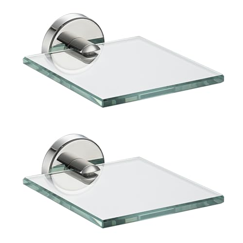 JQK Small Floating Glass Shelves Chrome, 4 Inch Display Ledges for Wall, Mini Decor, Living Room Bedroom Bathroom, Tempered Glass Shower Storage, 2 Pack, TGS101L4-CH-P2 - color: Chrome, size: 4 Inch (2 Pack)