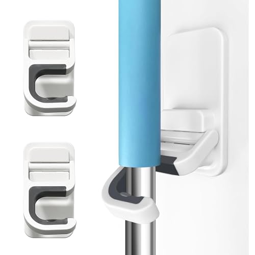 Broom Holder Wall Mount, 2 Pack Broom and Mop Organizer Wall Hanging Self Adhesive, No Drilling, Anti-Slip Broom and Mop Hanger Wall Mount Cleaning Ideal for Bathroom, Kitchen, Garden, Garage