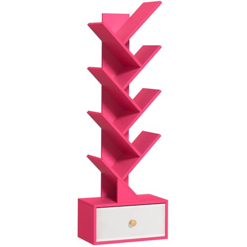 SHEEPAM 8 Tier Tree Bookshelf with Drawer, Free Standing Wood Bookcase for Narrow Space, Storage Organizer Bookshelves for Books, Book Case for Home Office, Living Room, Bedroom - Pink - color: Pink, size: 8 Tier