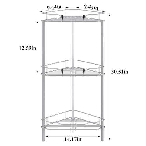 HuggieGems 3 Tier Floor Standing Corner Shower Caddy Organizer Shelf with Hooks, Bathroom Shelves Stand Rack, Silver - color: Silver, size: 3 Tier